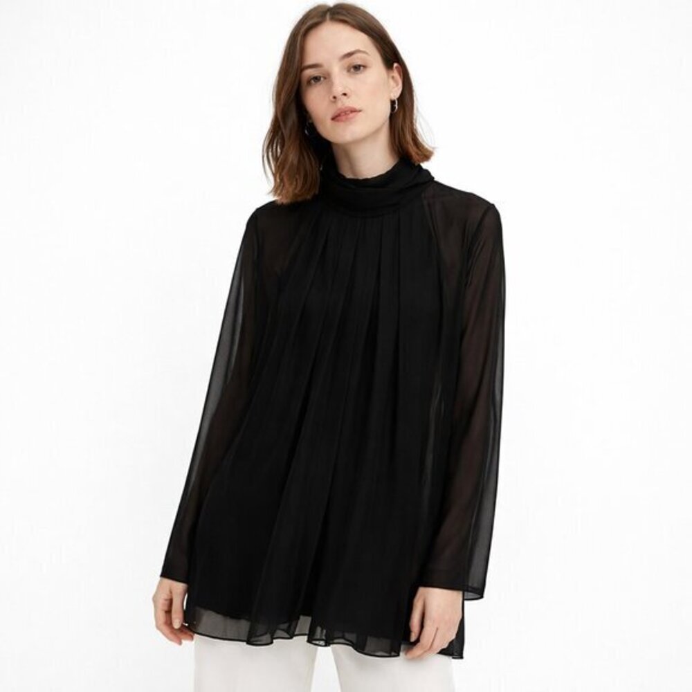COS Women's Oversized Pleated Sheer 100% Silk Blouse Tunic in Black Size L